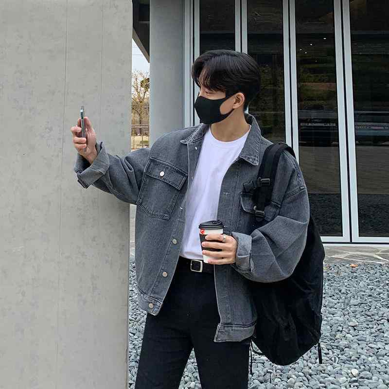 ジャケット メンズ デニム アウター 春 秋 韓国風 トレンド ルーズフィット ゆったり ワークジャケット 襟付き 長袖 カジュアル 普段使い 着回し コットン ポリエステル グレー ブラック