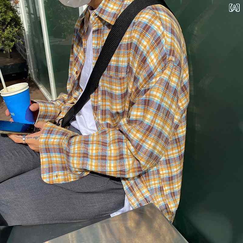 シャツ メンズ イエローチェック柄 韓国ファッション カジュアル 普段使い ゆったり オーバーサイズ ビッグシルエット 大きいサイズ 春秋 長袖 綿混 イージーケア シワになりにくい トップス 羽織り｜Grams店