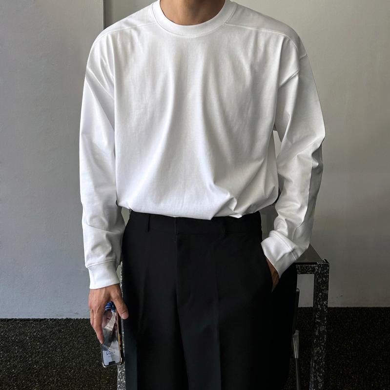 Tシャツ メンズ 長袖 ゆったり クルーネック 丸首 綿 コットン カットソー トップス シンプル 無地 韓国風 カジュアル 通勤 普段使い プルオーバー シワになりにくい 通気性 春秋 ホワイト ブラック|Grams店