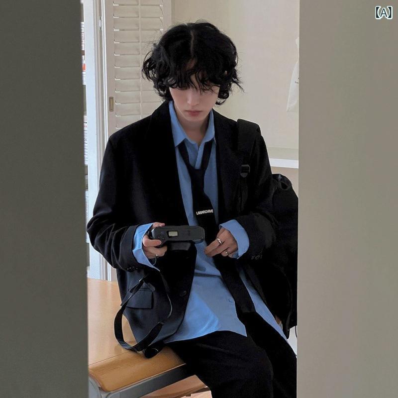 テーラードジャケット メンズ 学院風 プレッピー カジュアル ビジネスカジュアル きれいめ シングルブレスト 2つボタン ゆったり オーバーサイズ 韓国ファッション ブラック ポリエステル 綿 混紡素材 オールシーズン