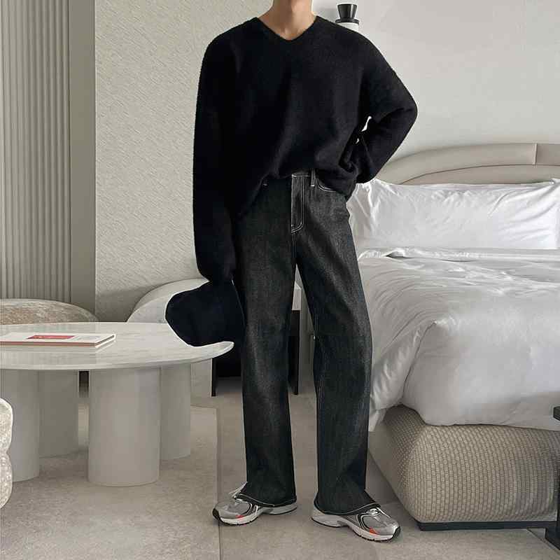 デニムパンツ 男性用 春秋 ゆったり ルーズフィット ストリート カジュアル 韓国風 トレンド ワイド ストレート 裾スリット コットンブレンド ウォッシュ加工 ロング丈