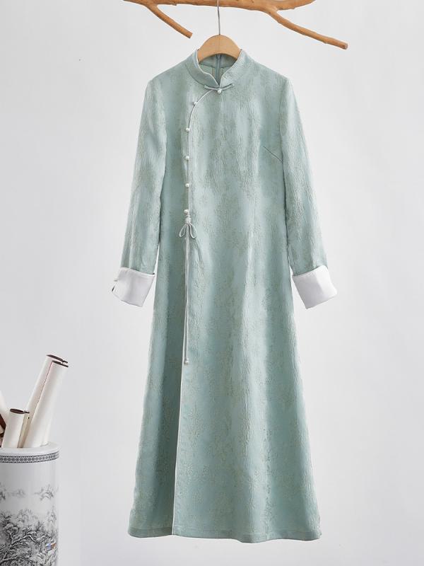 ワンピース レディース 女性用 中国風 レトロ 旗袍 チャイナドレス 茶服 ロング丈 マキシ丈 スタンドカラー 立ち襟 長袖 ロングスリーブ レーヨンジャガード 人造絹 ポリエステル 上品 エレガント フォーマル パーティードレス ハイサイドスリット ア|Grams店