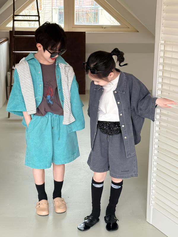 セットアップ キッズ お坊っちゃん お嬢さん 半袖 襟付き添い人 プルオーバー トップス 名取り草プルオーバー 二分の一ズボン下 半ズボン 2点書き割り 無地 心地よい 韓国流行り物 綿 綿織物 薄っぺら もの柔らか 普段使い走り 通園 通学 お出かけ 夏服