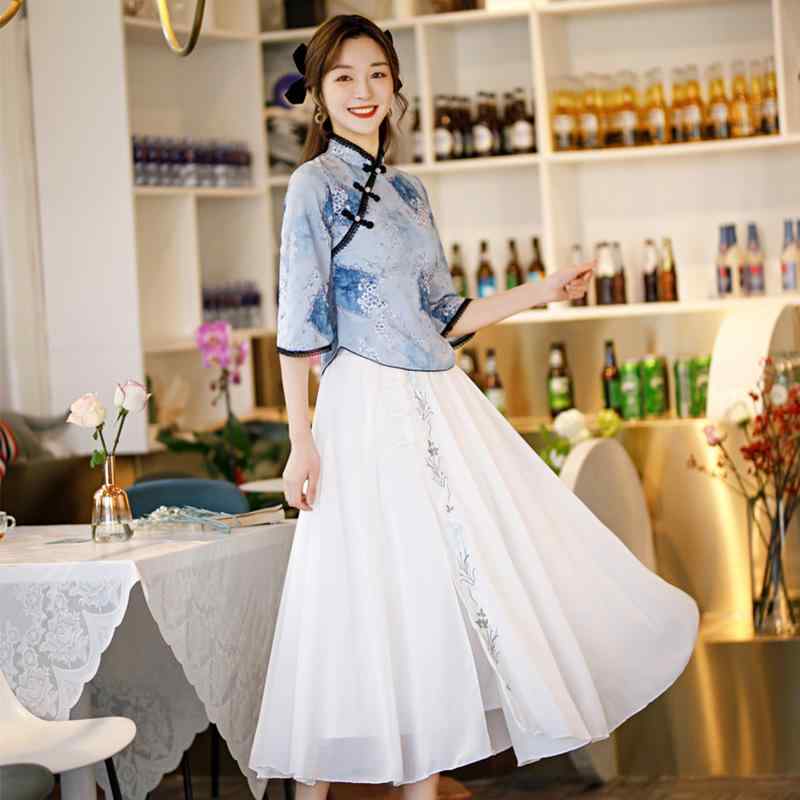 ワンピースセットアップ レディース チャイナドレス 漢服風 中国風 シフォン ポリエステル ロング丈 五分袖 スタンドカラー 斜め襟 プリント柄 レトロ エレガント