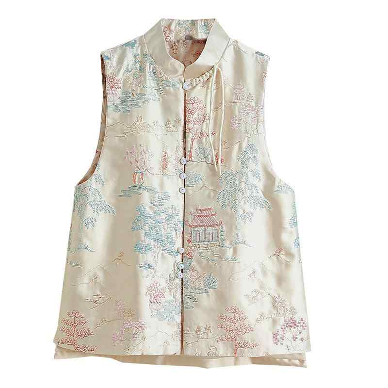 ベスト ジレ レディース 女性用 チャイニーズモダン エスニック 中国風 刺しゅう 立ち襟 スタンドカラー 前開き ボタン ミドル丈 スリムフィット おしゃれ スタイリッシュ レトロ クラシック カジュアル ポリエステル｜Grams店