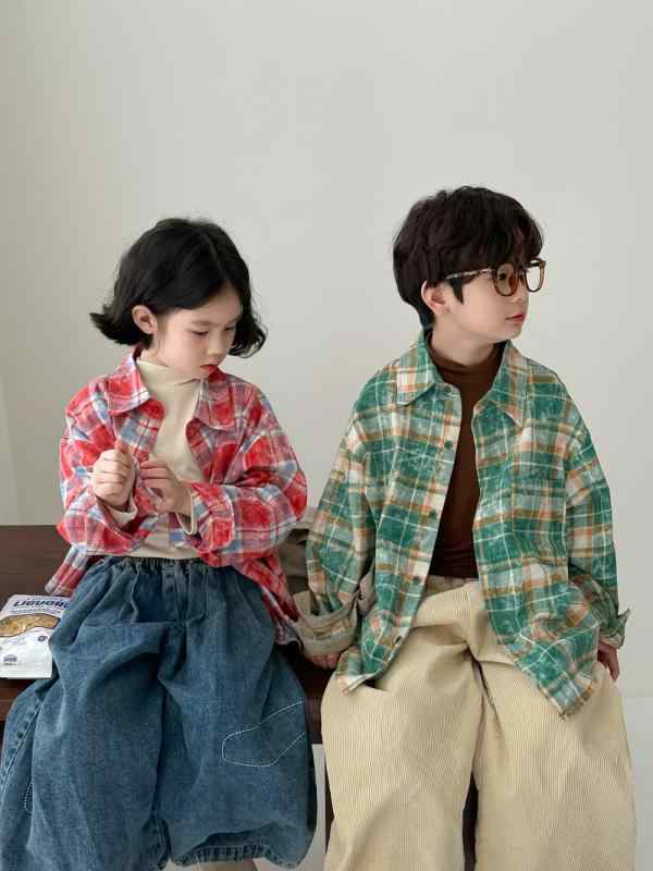 キッズ シャツ 男の子 女の子 かわいい トップス カラフル チェック柄 襟付き 長袖 ゆったり ルーズフィット カジュアル 普段使い 通園 通学 韓国風 綿