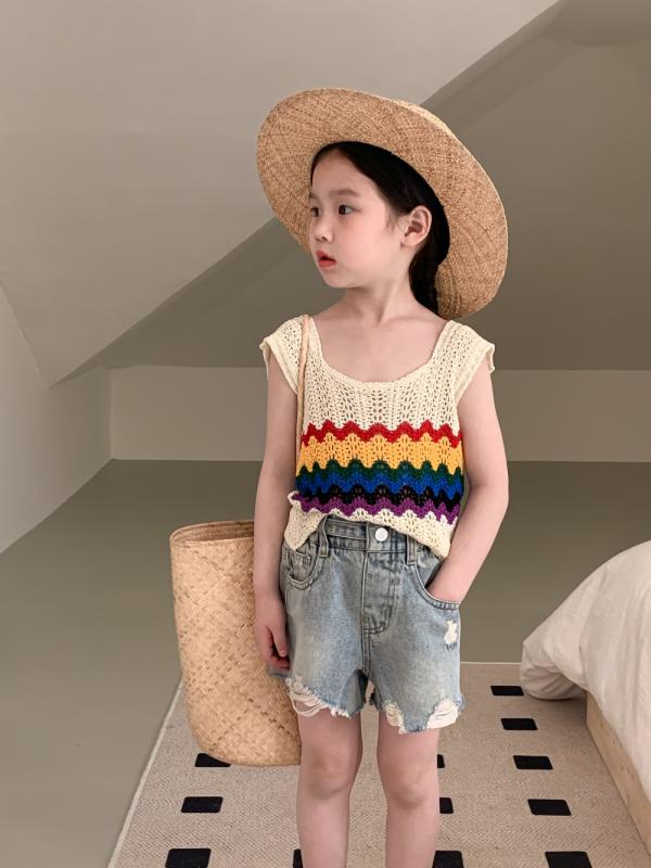 ベスト タンクトップ 女の子 キッズ ベビー レインボー 透かし編み ニット 接触冷感 綿 コットン 夏 サマー 柔らかい 韓国風 かわいい 3歳 8歳 100cm 140cm