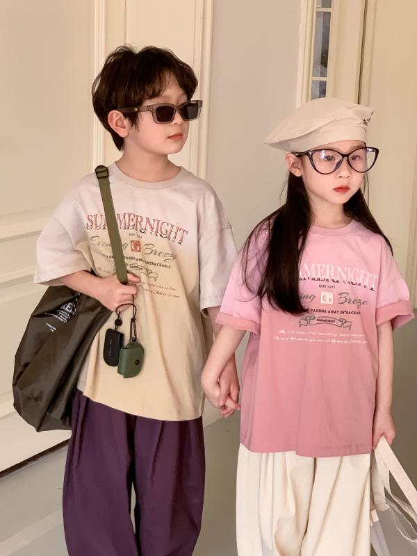 キッズ 男の子 女の子 かわいい 韓国風 ロゴ プリント 半袖 ラウンドネック 吸湿速乾 綿 柔らかい ゆったり 普段使い トップス グラデーション ピンク カーキ