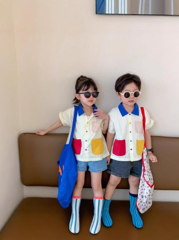 シャツ キッズ 男の子 女の子 韓国風 配色切り替え ポケット付き 半袖 コットン 綿 襟付き カラフル かわいい おしゃれ 夏服 普段使い お出かけ