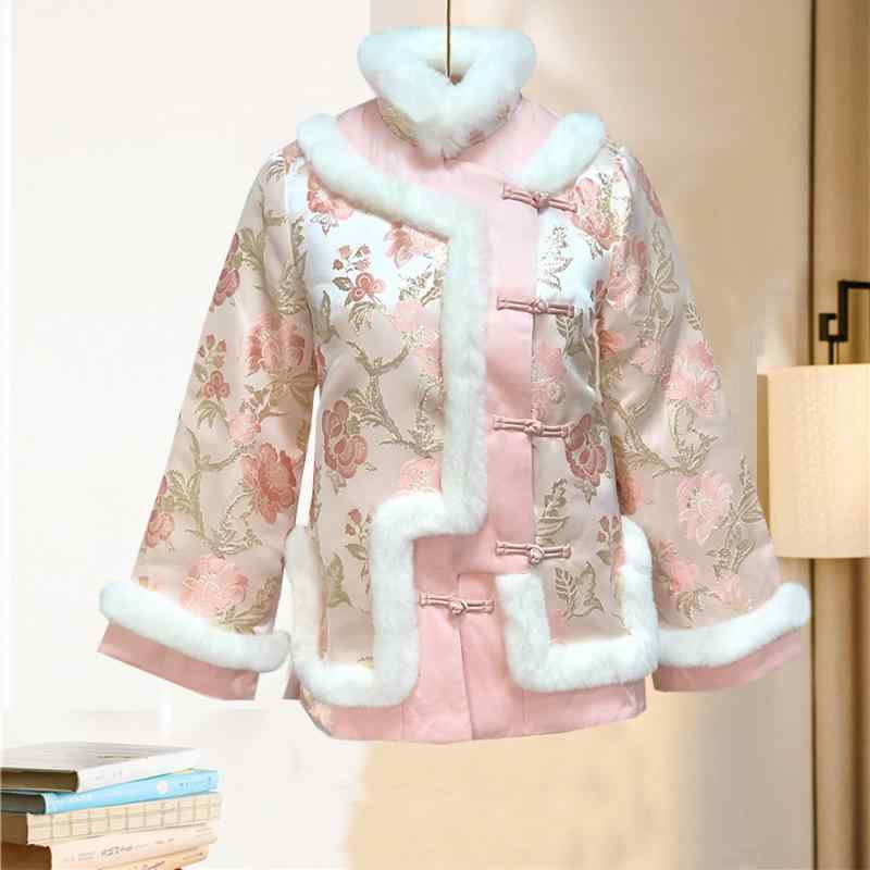 中華風ジャケット レディース 女性用 冬物 お正月 レトロ 改良旗袍風 ショート丈 中綿入り 厚手 暖かい 防寒 スタンドカラー 刺繍 ピンク ポリエステル アウター
