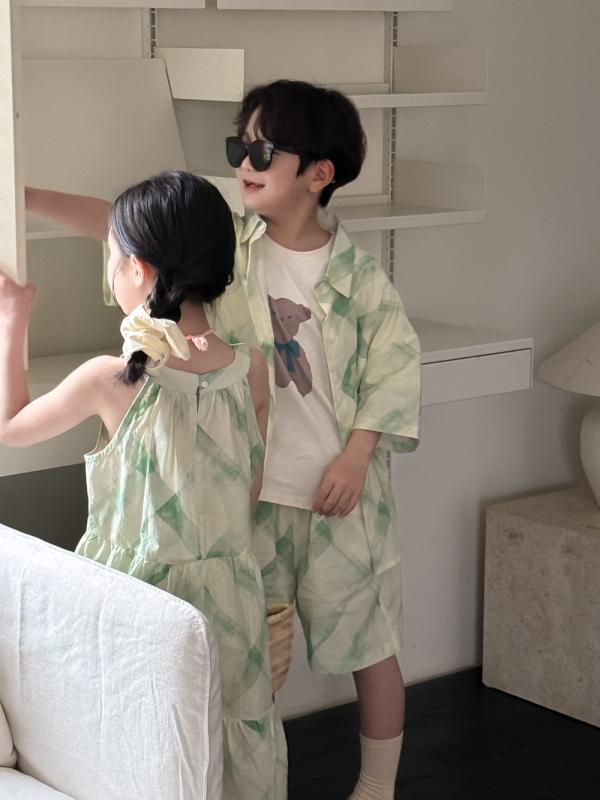 キッズ 男女兼用 韓国ファッション 襟付き 半袖 ショートパンツ 2点セット ホルターネック ノースリーブ ワンピース コットン 薄手 柔らか 夏物 カジュアル 格子柄 かわいい