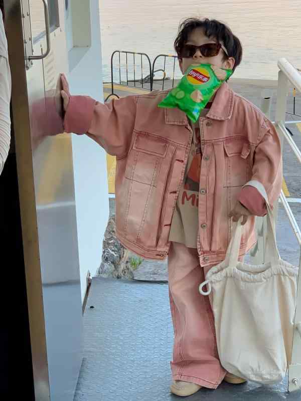 セットアップ お坊っちゃん ボーイズ 韓国風 襟付き添い人 長袖 ウォッシュ工業 ジーンズ ロングズボン下 上下書き割り 綿織物 綿 心地よい 普段使い走り ホンブルグ帽手当たり オレンジ色さくら色 2点書き割り