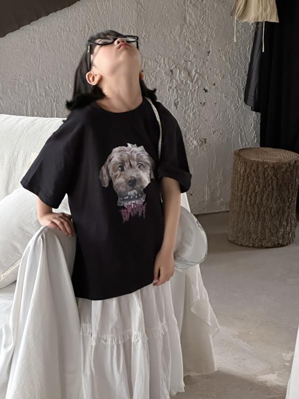 Tシャツ キッズ 男女兼用 半袖 韓国風 子犬柄 アニマル柄 カートゥーン かわいい 綿 吸湿速乾 ラウンドネック ゆったり トップス カジュアル 普段使い ブラック