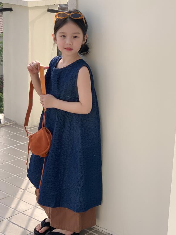 キッズ 女の子 かわいい 韓国風 カジュアル シワ加工 ぽわん ノースリーブ バックオープン Aライン ロング丈 綿 柔らか素材 ワンピース ブラウン ワイドパンツ セット 夏服