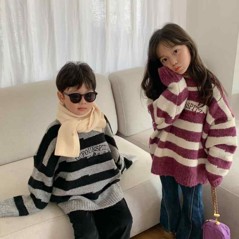 ニット セーター キッズ 男女兼用 韓国風 ボーダー柄 刺繍 厚手 クルーネック ゆったり 長袖 綿 柔らかタッチ かわいい 通園 通学 普段使い