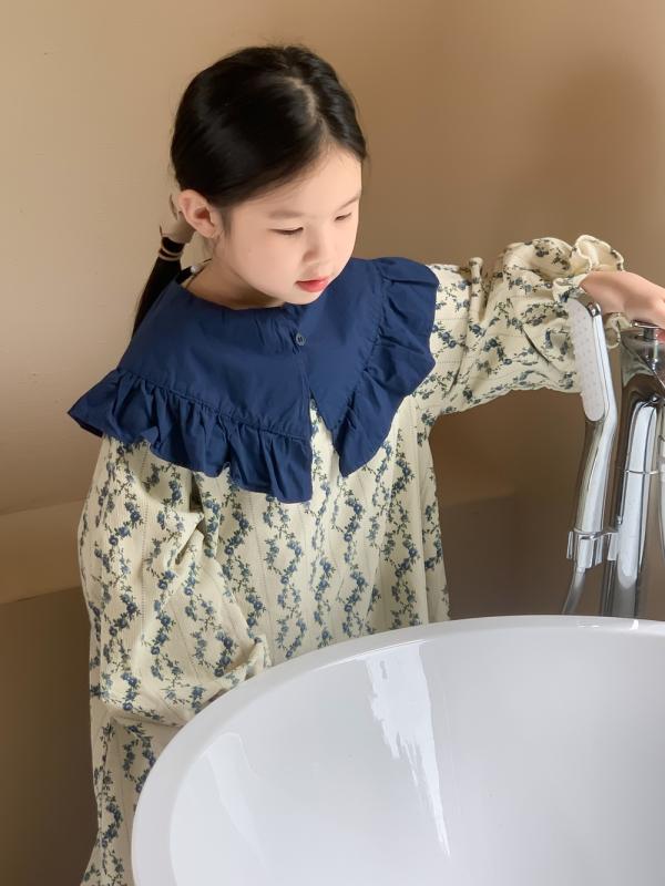 ワンピース キッズ 女の子 女児 子供服 長袖 コーデュロイ 小花柄 襟付き レトロ パフスリーブ 取り外し可能 フリル裾 韓国ファッション コットン カジュアル 秋物 普段使い お出かけ