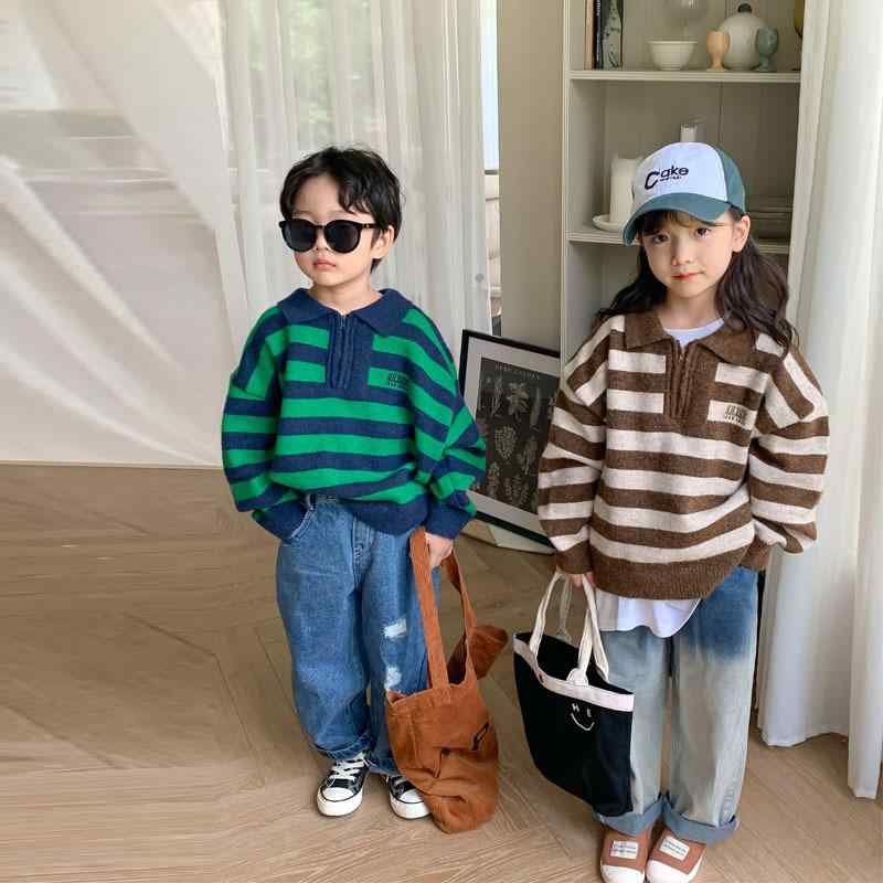 ニット キッズ 子供服 男女兼用 韓国風 ストライプ柄 ボーダー 襟付き ジップアップ 長袖 刺繍 プルオーバー 厚手 綿素材 柔らか加工 秋冬 普段使い 通園 通学 お出かけ カジュアル