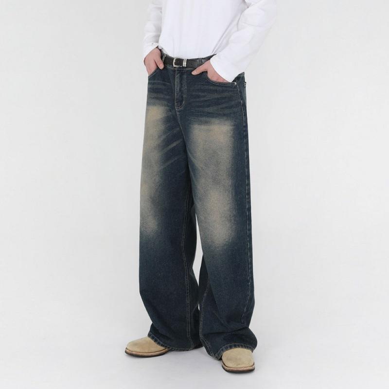 デニムパンツ メンズ 男性用 ジーンズ レトロ ヴィンテージ ウォッシュ加工 ゆったり ルーズ ストレート ワイド 韓国風 トレンド カジュアル 普段使い ミドルウエスト ブルー 伸縮性なし