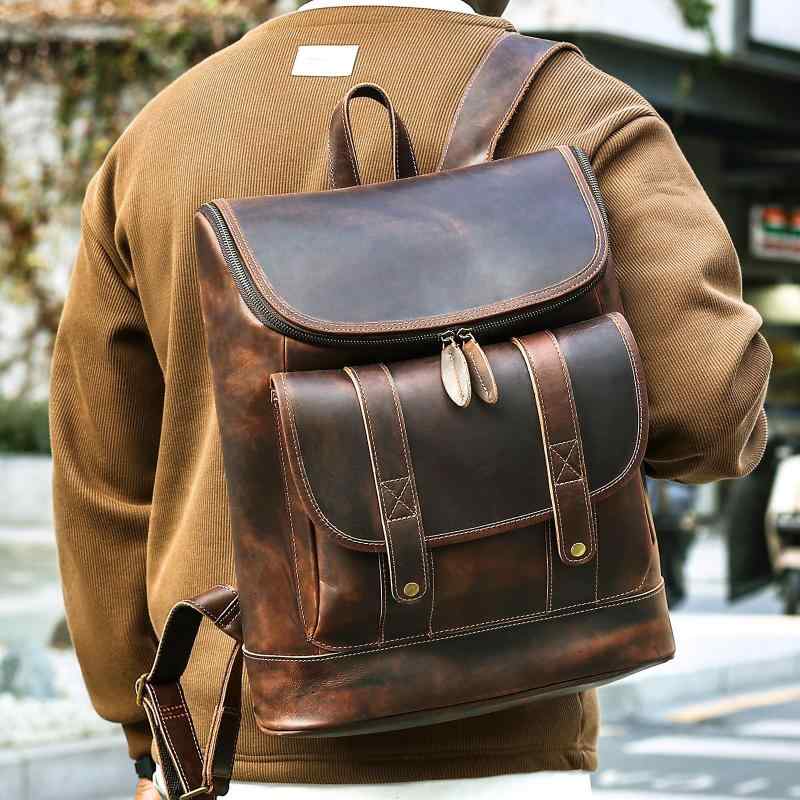 リュックサック メンズ 男性用 クレイジーホースレザー 本革 レザー レトロ ビンテージ 大容量 PCバッグ ノートパソコン収納 ビジネス 通勤 旅行 普段使い カジュアル 耐久性 丈夫 コーヒー ブラウン