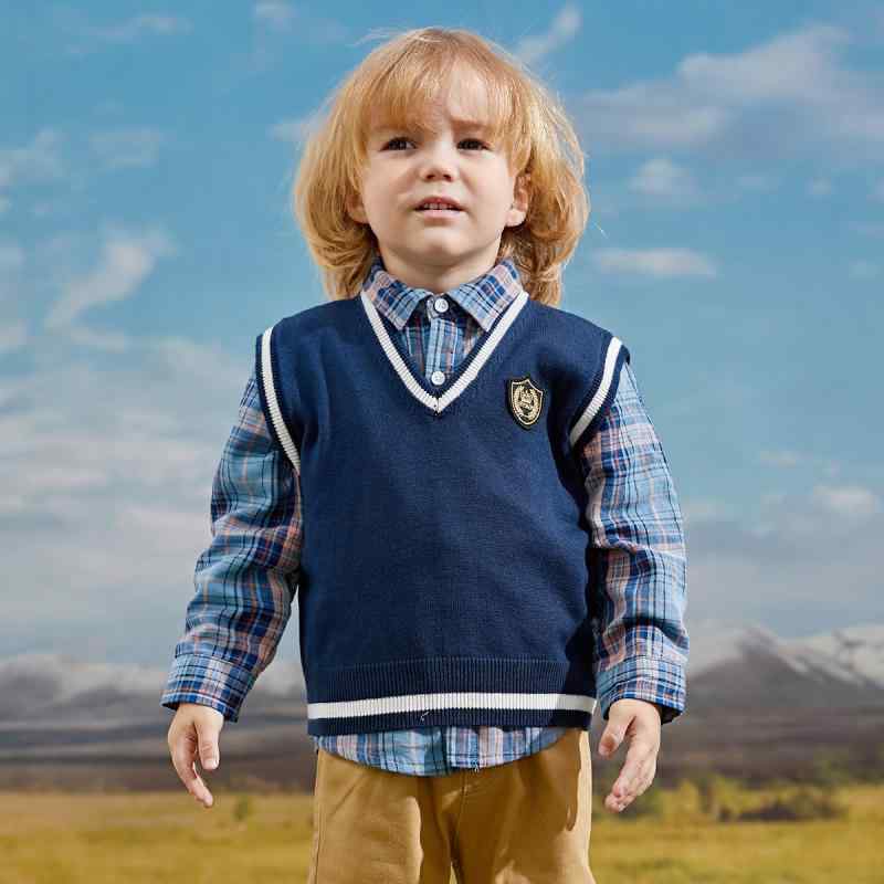 ニットベスト キッズ 男の子 女の子 スクール 学生服 制服 カレッジスタイル 通学 キャンパス 発表会 ブリティッシュ Vネック ノースリーブ プルオーバー 柔らか 無地 綿 春秋 ロイヤルブルー