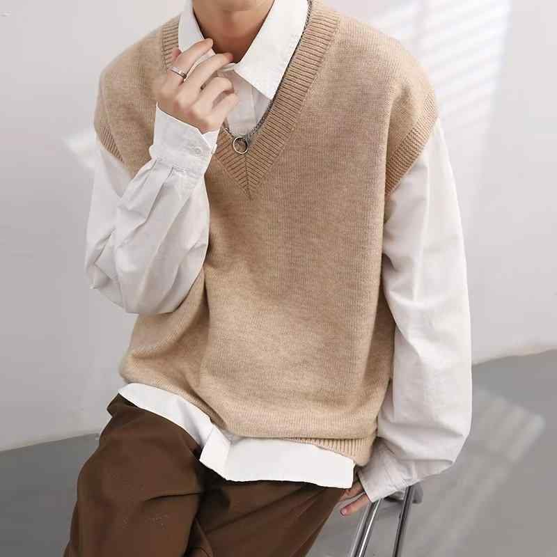 ニット ベスト メンズ Vネック 韓国風 ゆったり オーバーサイズ ノースリーブ ジレ カジュアル ストリート おしゃれ 春 秋 モダール ウォッシャブル グレー カーキ