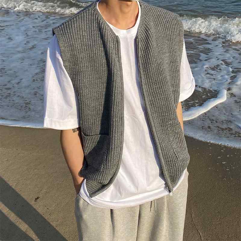 ニットベスト メンズ ゆったり スクール風 Vネック ジップアップ カジュアル カーディガン 秋物 秋冬 アウター 羽織り 重ね着 トップス 個性的 普段使い ポリエステル ウール素材 快適 おしゃれ ファッション グレー ブラック