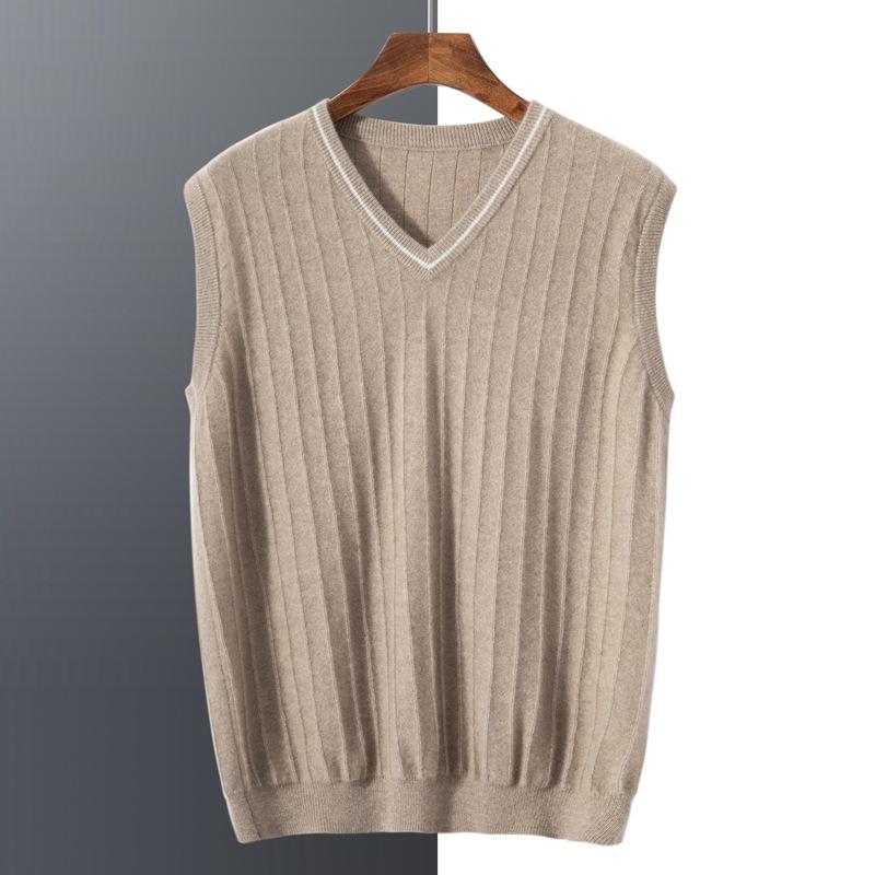 ニットベスト メンズ カシミヤ Vネック プルオーバー ゆったり ノースリーブ ベスト ジレ 配色 バイカラー 通勤 ビジネス 紳士 キャメル ガンメタル ブラック