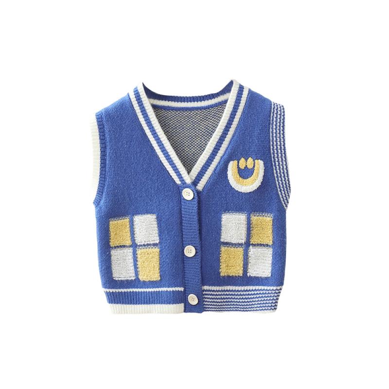 子供服 男の子 ベビー 幼児 Vネック 前開き ニットベスト スマイル かわいい 秋服 普段使い 通園 お出かけ 柔らかい アクリル ナイロン ポリエステル ノースリーブ ブルー オフホワイト イエロー おしゃれ