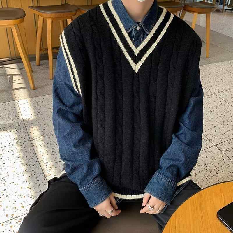 ベスト メンズ レディース Vネック ニット スクール風 韓国風 カレッジスタイル ゆったり ルーズ ビッグシルエット オーバーサイズ 無地 ポリエステル 春秋 オールシーズン デイリー カジュアル 普段着 重ね着 レイヤード ブラウン ブラック ベージ