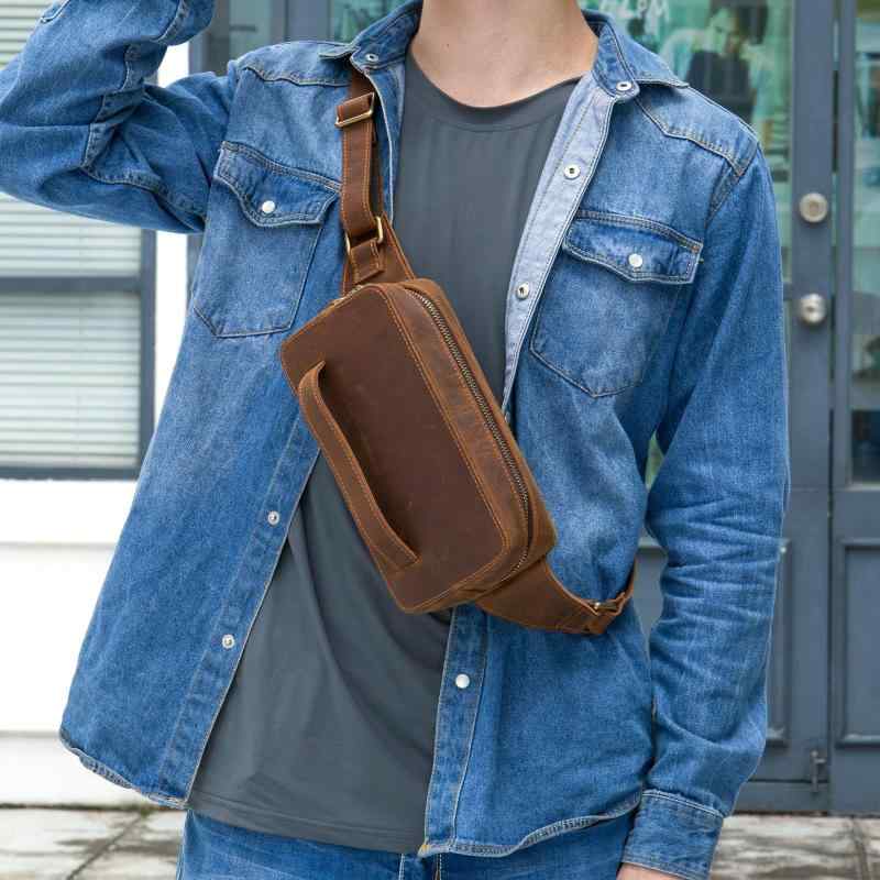 ボディバッグ メンズ 男性用 ショルダーバッグ 鞄 本革 牛革 クレイジーホースレザー レトロ ヴィンテージ 大容量 軽量 斜め掛け 普段使い カジュアル 無地 ブラウン コーヒー