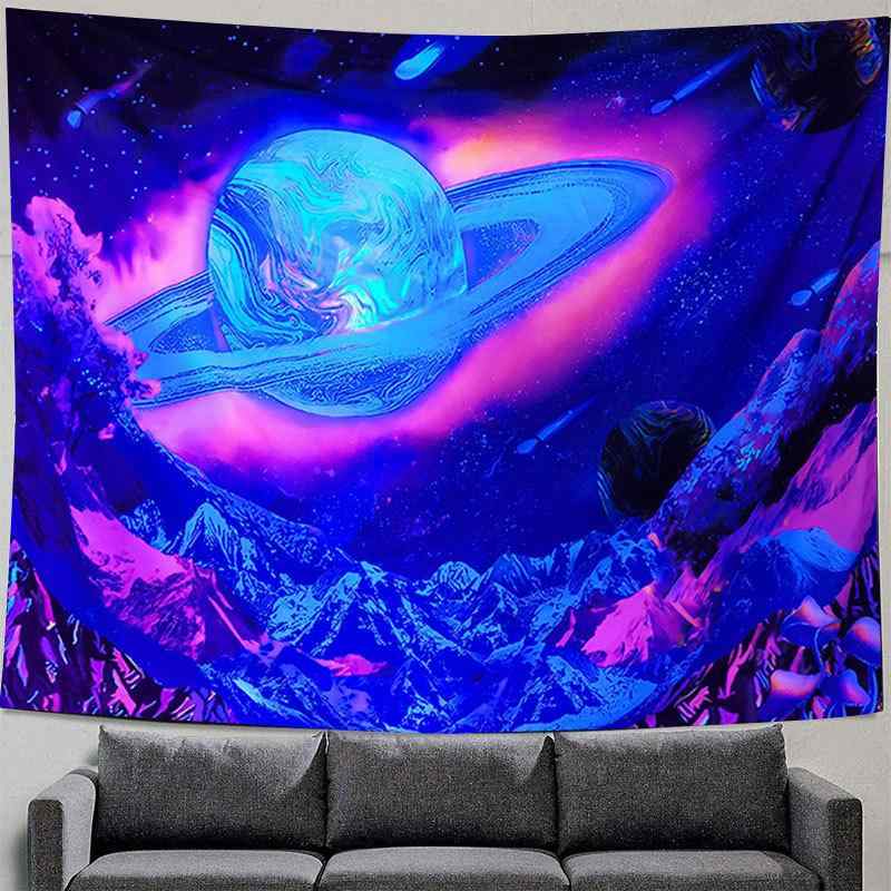 タペストリー 蛍光 UVライト ブルーライト 惑星柄 壁掛け ウォールデコレーション インテリア 背景布 ビーチマット クッションカバー 北欧風 ポリエステル リビング 寝室 子供部屋 店舗 装飾 ブラック