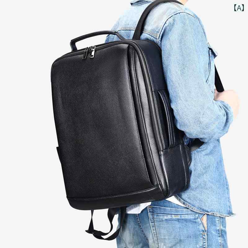 リュック メンズ 男性 本革 牛革 ビジネス 通勤 ノートPC パソコン収納 防水 高級感 15インチ対応 大容量 デイリーユース バックパック 黒|Grams店