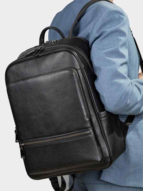 バックパック メンズ 旅行 大容量 ビジネス カジュアル 本革 牛革 レザー おしゃれ リュックサック 鞄 通勤 耐摩耗 15インチPC収納 無地 ステッチ クッションストラップ 黒｜Grams店