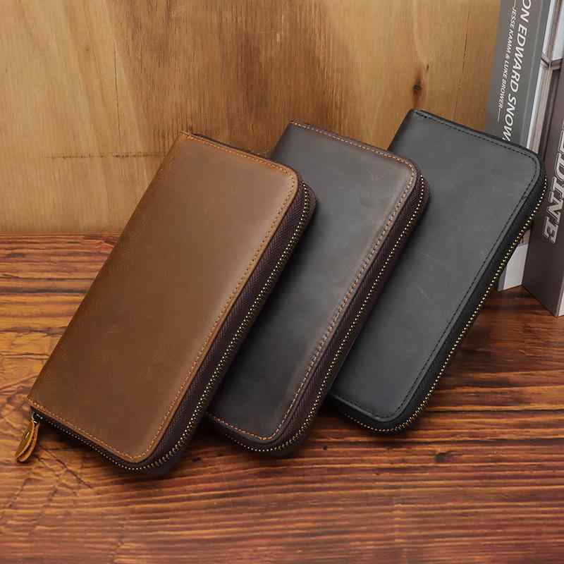 財布 メンズ 本革 牛革 オイルレザー アコーディオン型 ファスナー長財布 ロングウォレット カードケース カード入れ スキミング防止 RFID対応 ビジネス レトロ ヴィンテージ 無地 ブラック コーヒー ブラウン
