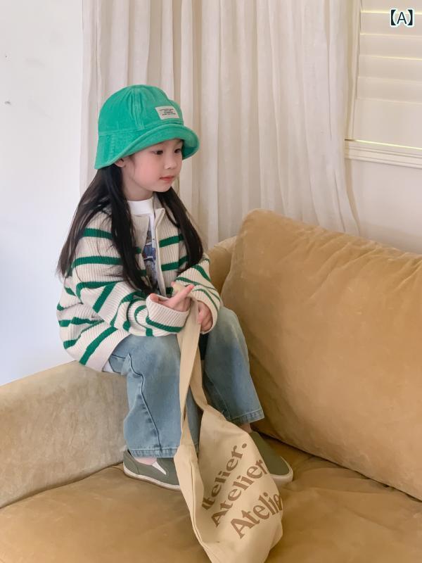 ニット カーディガン 男の子 女の子 韓国風 ストライプ ファスナー 長袖 ゆったり カジュアル かわいい セーター アウター アクリル 毛混紡 ラウンドネック 柔らかい グリーン ブラック