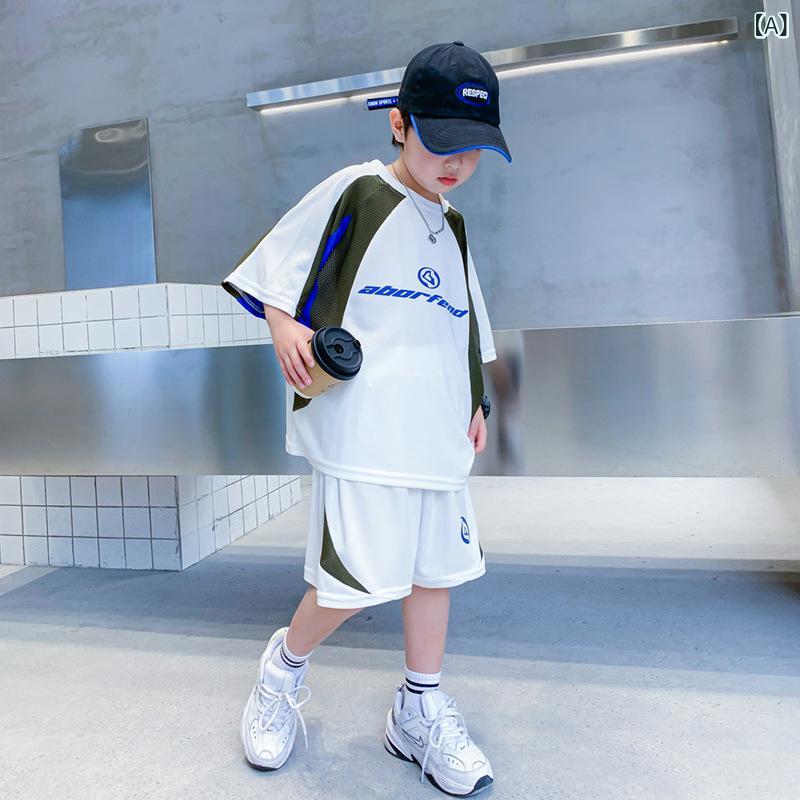 キッズ 男の子 速乾 吸汗 バスケットボール バスケ ユニフォーム ウェア 半袖 Tシャツ ショートパンツ ハーフパンツ セットアップ 夏服 小中学生 ジュニア スポーツ ポリエステル ホワイト ロゴ プリント 配色 カジュアル おしゃれ
