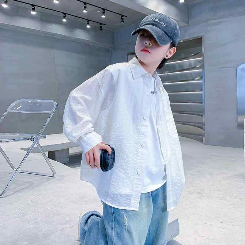 シャツ キッズ 男の子 ジュニア 長袖 UVカット 日焼け対策 薄手 白 接触冷感 リヨセル 襟付き 無地 韓国風 おしゃれ かっこいい カジュアル 羽織り 柔らかな肌触り 春夏