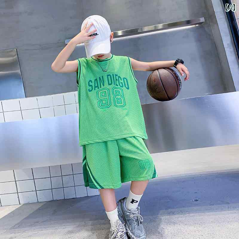 バスケットボールウェア 男の子 キッズ ボーイズ 中大童 夏物 速乾 ノースリーブ Tシャツ ショートパンツ セットアップ スポーツ 練習着 ユニフォーム 軽量 涼しい 通気性 ポリエステル アルファベット柄 草グリーン 葡萄パープル グレー