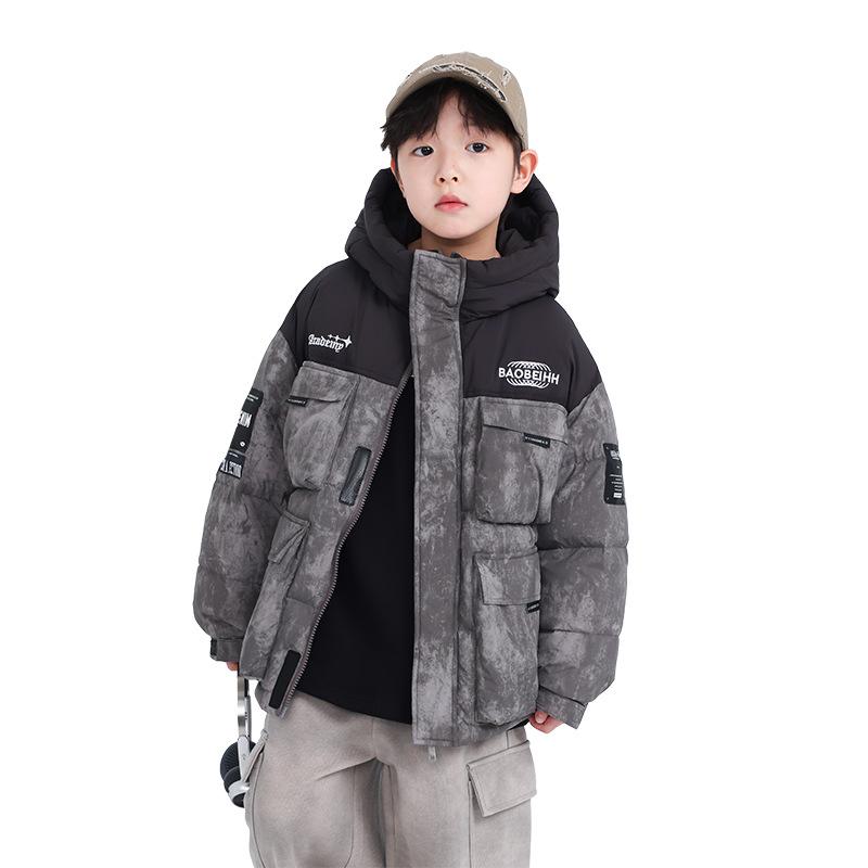 ダウンジャケット 男の子 ジュニア 冬 防寒 厚手 防風 配色 マウンテンパーカー ワーク カジュアル 韓国風 トレンド ダウン ポリエステル アウター ジップアップ グレー