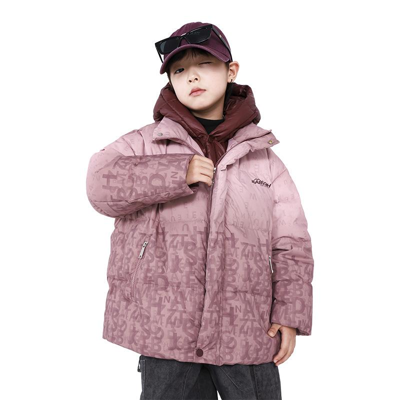 ダウンジャケット 男の子 ジュニア グラデーション ピンク グレー 厚手 重ね着風 フード付き ショート丈 防寒 保温 暖かい あったか オーバーサイズ ダウン 冬服 通学 カジュアル ボーイズ