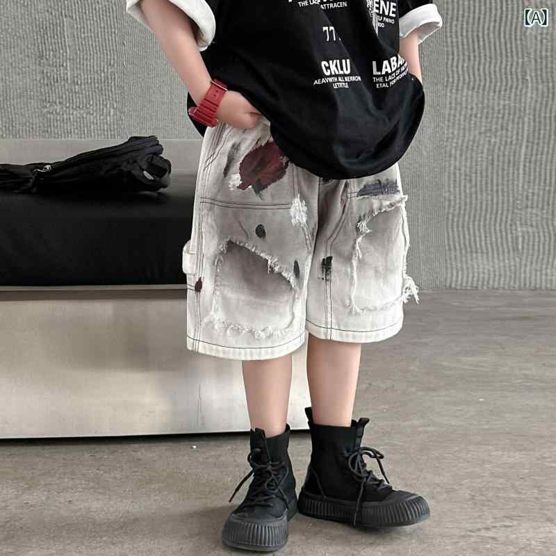 キッズ 男の子 デニムパンツ ショートパンツ ハーフパンツ 5分丈 夏 普段使い カジュアル 薄手 綿混 柔らかい おしゃれ トレンド 着回し プリント ウエストゴム ミドルウエスト