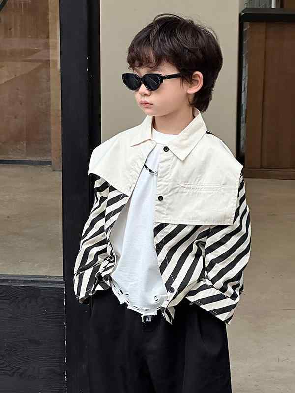シャツ 男の子 キッズ 春 秋 長袖 襟付き ストライプ おしゃれ 韓国風 綿混紡 ホワイト トップス 普段使い 通園 カジュアル かわいい ブラウス