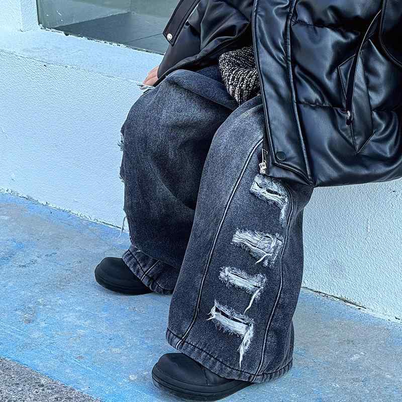 デニムパンツ 男の子 女の子 裏起毛 キッズ 長ズボン ダメージ加工 サイドライン 綿 韓国風 ミドルウエスト ゴムウエスト おしゃれ カジュアル 普段使い 通園 通学 かわいい 秋冬 無地 黒