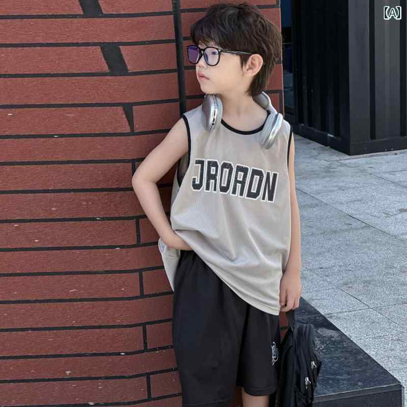 キッズ 男の子 セットアップ 夏 タンクトップ ショートパンツ セット カジュアル スポーツ ノースリーブ 普段使い ルームウェア 綿混 薄手 快適 アルファベット柄 おしゃれ グレー