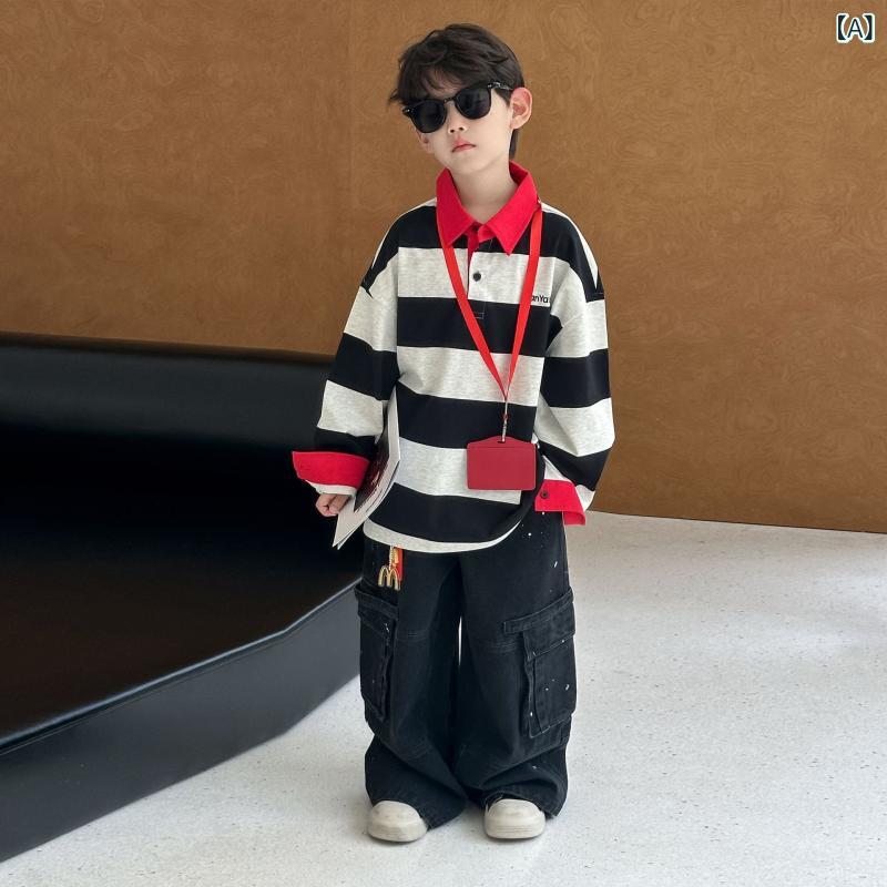 スウェット 男の子 アメリカン レトロ ストライプ 襟付き ポロシャツ風 ゆったり 綿 コットン カジュアル プルオーバー 長袖 柔らかい肌触り 配色 綿裏地 黒 白 春 秋 普段使い