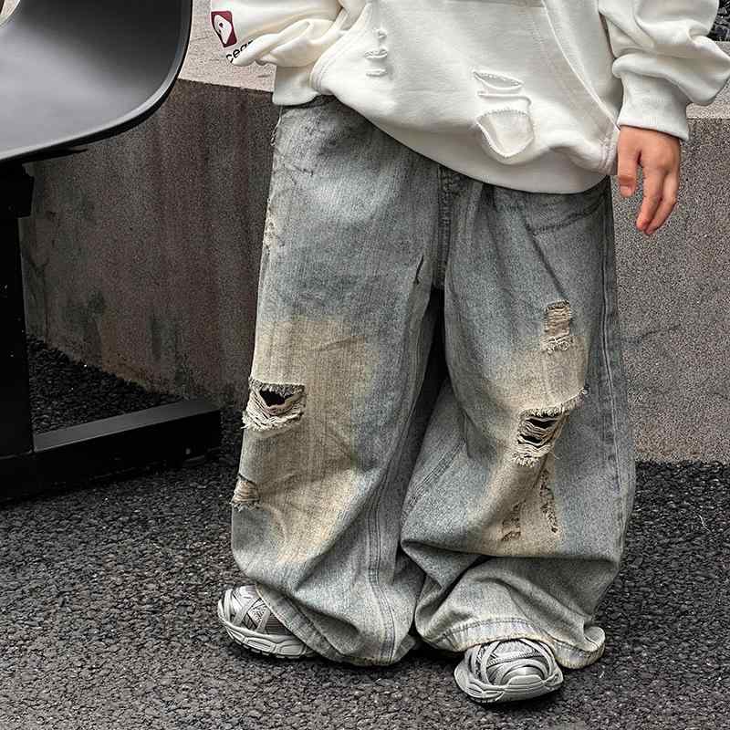 デニムパンツ 男の子 キッズ ダメージ 破れ 韓国風 おしゃれ トレンド 長ズボン 綿 コットン 春秋 ブルー 普段使い カジュアル ミドルウエスト 柔らか 伸縮性