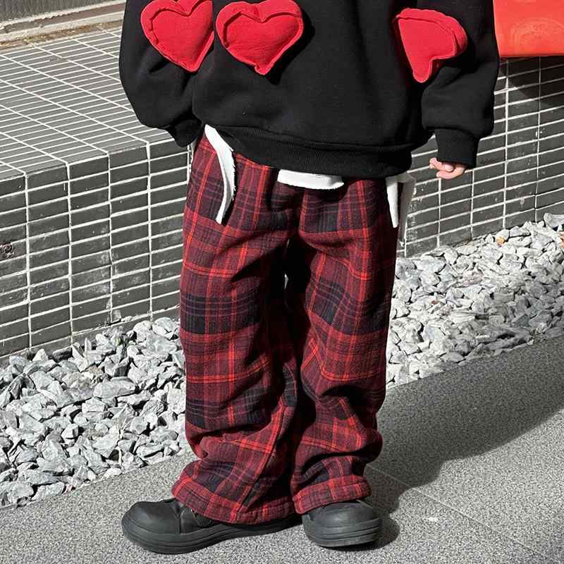 キッズ パンツ 男の子 子供 裏起毛 厚手 綿 コットン チェック柄 暖かい 韓国風 カジュアル ミドルウエスト ウエストゴム 長ズボン 冬 赤