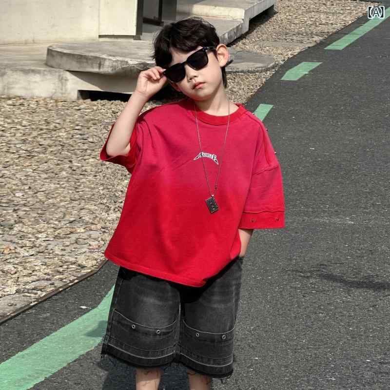 キッズ 男の子 子供 Tシャツ トップス 綿 ゆったり カジュアル 半袖 五分袖 クルーネック 丸首 吸湿速乾 無地 夏 柔らかい おしゃれ 赤