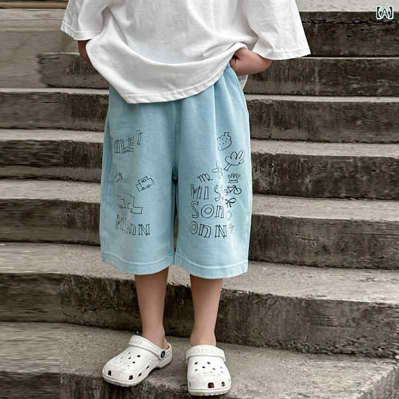 ショートパンツ 男の子 子供 夏服 ハーフパンツ 5分丈 コットン 綿 カジュアル 快適 ソフト加工 おしゃれ アルファベット柄 レイクブルー