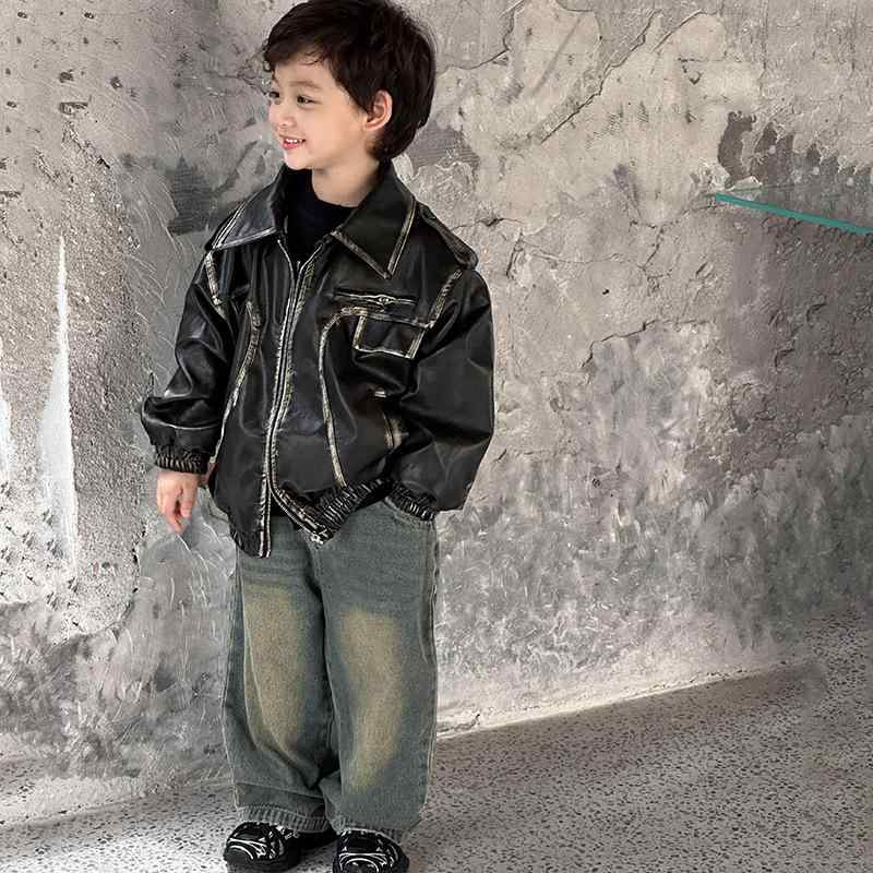 ジャケット 男の子 キッズ かっこいい レザー PUレザー 革ジャン 黒 韓国風 おしゃれ 襟付き ショート丈 ジップアップ トップス アウター 春秋 普段使い カジュアルスタイル 柔らかい肌触り